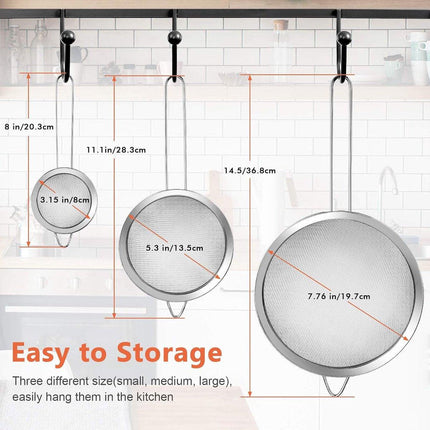 Three-Piece Ultra Fine Metal Sieve Set - with Handles - Sizes Small, Medium & Large - Made of Stainless Steel - Suitable for Kitchen, Rice, Juice, Quinoa, Food, Flour & Baking..