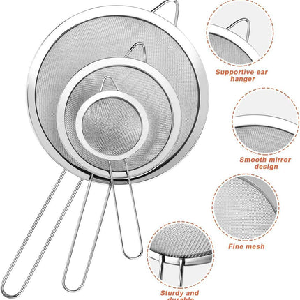 Three-Piece Ultra Fine Metal Sieve Set - with Handles - Sizes Small, Medium & Large - Made of Stainless Steel - Suitable for Kitchen, Rice, Juice, Quinoa, Food, Flour & Baking..