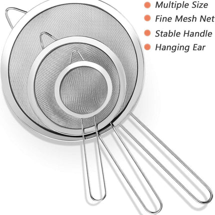 Three-Piece Ultra Fine Metal Sieve Set - with Handles - Sizes Small, Medium & Large - Made of Stainless Steel - Suitable for Kitchen, Rice, Juice, Quinoa, Food, Flour & Baking..