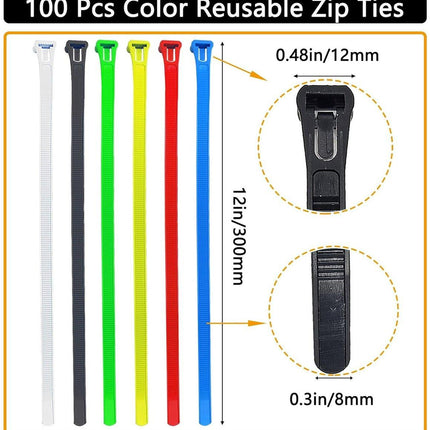 100 12" Colorful Reusable Cable Ties - Heavy-duty reusable cable ties - Self-locking nylon cable ties with a tensile strength of 50 lb - Suitable for garden, plants, home and office.