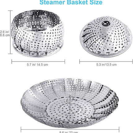 Vegetable Steamer Basket - Collapsible Steamer Basket - Stainless Steel Foldable Steamer Basket - For Cooking Food - Expandable, Suitable for Pots of Different Sizes (13.5cm to 21.8cm)..