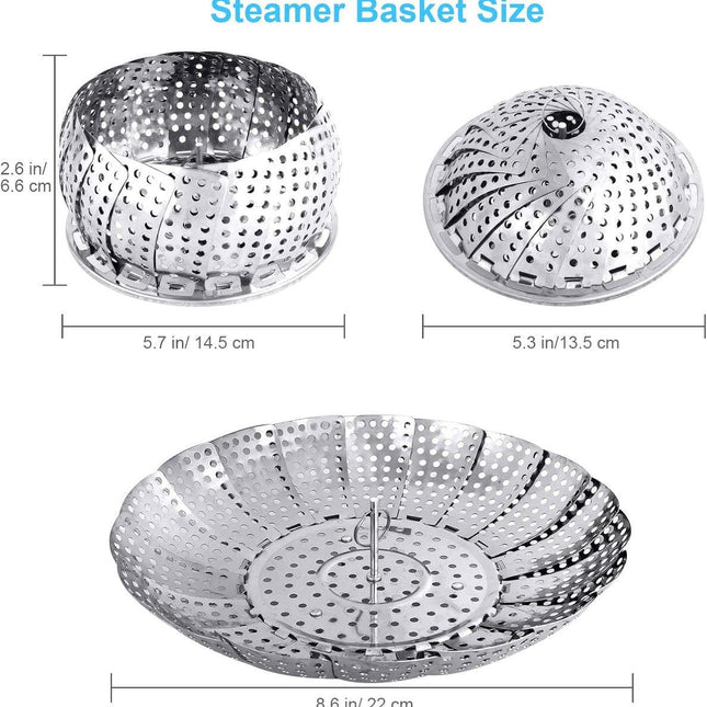 Vegetable Steamer Basket - Collapsible Steamer Basket - Stainless Steel Foldable Steamer Basket - For Cooking Food - Expandable, Suitable for Pots of Different Sizes (13.5cm to 21.8cm)..