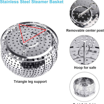 Vegetable Steamer Basket - Collapsible Steamer Basket - Stainless Steel Foldable Steamer Basket - For Cooking Food - Expandable, Suitable for Pots of Different Sizes (13.5cm to 21.8cm)..