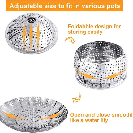 Vegetable Steamer Basket - Collapsible Steamer Basket - Stainless Steel Foldable Steamer Basket - For Cooking Food - Expandable, Suitable for Pots of Different Sizes (13.5cm to 21.8cm)..