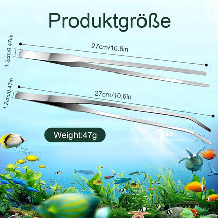 2-pack curved aquarium tweezers - Straight and curved tweezers - 27 cm long stainless steel tweezers - Suitable for lizards, spiders, fish and aquariums.