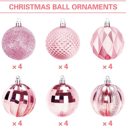 Christmas Baubles - Pack of 24 - Large Size, 6cm Diameter - Unbreakable Plastic - Christmas Tree Decoration - Various Christmas Bauble Decorations Suitable for Weddings, Mother's Day Party Decorations (Pink).