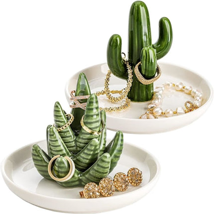 Two-Piece Jewelry Display Set - Aloe Vera and Cactus Ring Organizer Set - Ceramic - Jewelry Organizer - Bracelet, Earring, and Necklace Organizer with Leaf Decorations - Decorative Items.