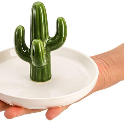 Two-Piece Jewelry Display Set - Aloe Vera and Cactus Ring Organizer Set - Ceramic - Jewelry Organizer - Bracelet, Earring, and Necklace Organizer with Leaf Decorations - Decorative Items.