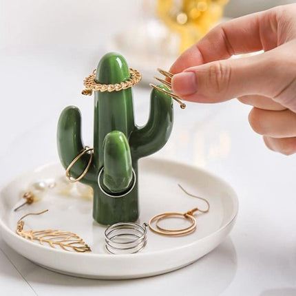 Two-Piece Jewelry Display Set - Aloe Vera and Cactus Ring Organizer Set - Ceramic - Jewelry Organizer - Bracelet, Earring, and Necklace Organizer with Leaf Decorations - Decorative Items.