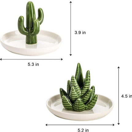 Two-Piece Jewelry Display Set - Aloe Vera and Cactus Ring Organizer Set - Ceramic - Jewelry Organizer - Bracelet, Earring, and Necklace Organizer with Leaf Decorations - Decorative Items.