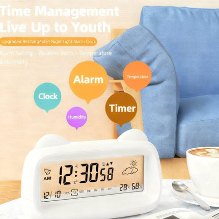 Alarm Clock - Digital Alarm Clock - Digital Clock - Smart Alarm Clock - Electronic Calendar - Cat-shaped Alarm Clock with Light - Real-time Temperature and Humidity Monitoring - Weather Display - Large Night Light Screen - USB Charging（White）.