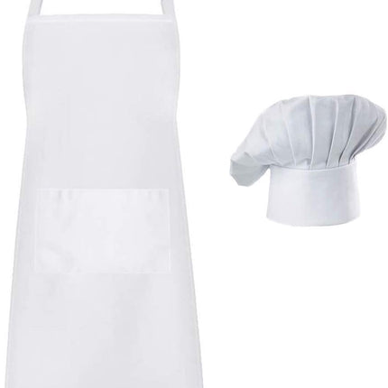 Apron and Hat Set - Adjustable Chef's Hat and Apron - Unisex Baker's Clothing (White).