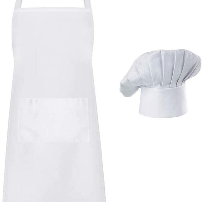 Apron and Hat Set - Adjustable Chef's Hat and Apron - Unisex Baker's Clothing (White).