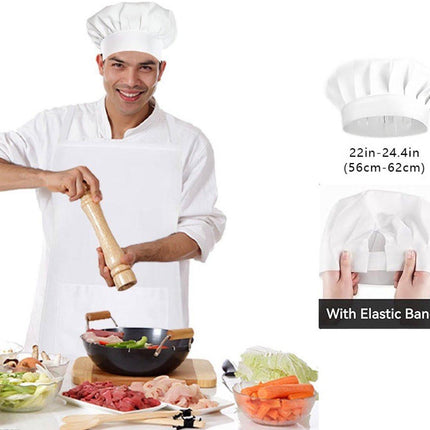 Apron and Hat Set - Adjustable Chef's Hat and Apron - Unisex Baker's Clothing (White).