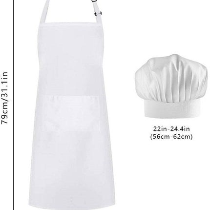 Apron and Hat Set - Adjustable Chef's Hat and Apron - Unisex Baker's Clothing (White).