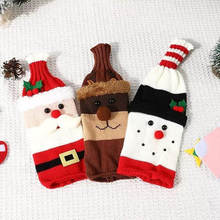 Wine Bottle Cover - Christmas Wine Bottle Cover - Hand-Knitted Cartoon Decorated Bottle Cover - Christmas Gifts for Adults - Perfect for Holiday Party Decorations (3-Piece Set).