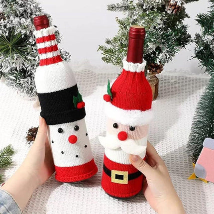 Wine Bottle Cover - Christmas Wine Bottle Cover - Hand-Knitted Cartoon Decorated Bottle Cover - Christmas Gifts for Adults - Perfect for Holiday Party Decorations (3-Piece Set).