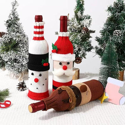 Wine Bottle Cover - Christmas Wine Bottle Cover - Hand-Knitted Cartoon Decorated Bottle Cover - Christmas Gifts for Adults - Perfect for Holiday Party Decorations (3-Piece Set).