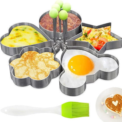 Stainless Steel Egg Baking Mold - 5 Pieces - Egg Baking Mold - Kitchen Utensils - DIY Model Egg Baking Mold - 5 Piece Creative Breakfast Set - Circle, Heart, Flower, Five-Pointed Star and Mickey Mouse Shapes.