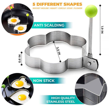 Stainless Steel Egg Baking Mold - 5 Pieces - Egg Baking Mold - Kitchen Utensils - DIY Model Egg Baking Mold - 5 Piece Creative Breakfast Set - Circle, Heart, Flower, Five-Pointed Star and Mickey Mouse Shapes.