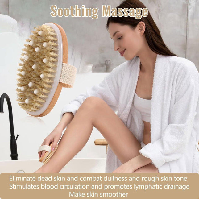 Bath Brush - Body Brush - Natural Bristles - Massage Brush - Shower Brush - Exfoliating Brush - Sauna Brush - Improves Blood Circulation - Lymphatic Function - Removes Dead Skin Cells.