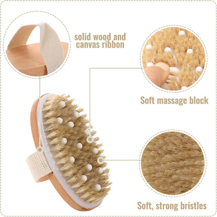 Bath Brush - Body Brush - Natural Bristles - Massage Brush - Shower Brush - Exfoliating Brush - Sauna Brush - Improves Blood Circulation - Lymphatic Function - Removes Dead Skin Cells.