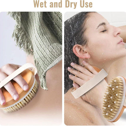 Bath Brush - Body Brush - Natural Bristles - Massage Brush - Shower Brush - Exfoliating Brush - Sauna Brush - Improves Blood Circulation - Lymphatic Function - Removes Dead Skin Cells.