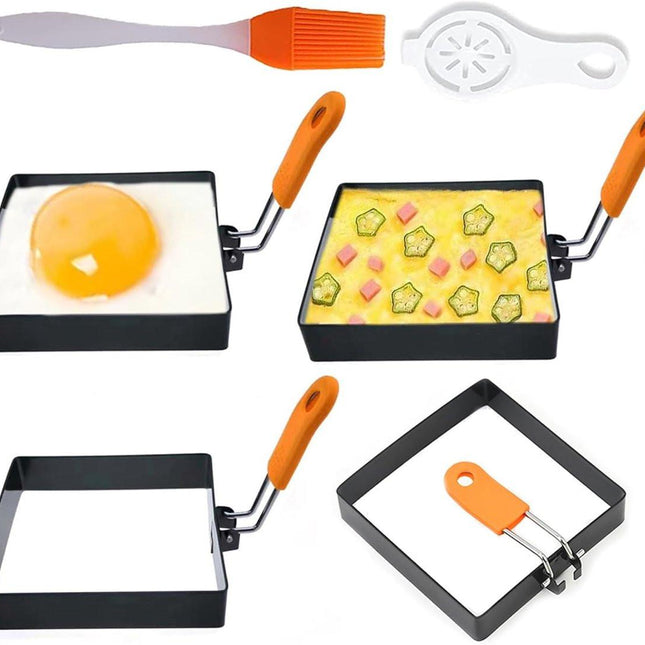 Egg Packaging - Pack of 4 - Egg Packaging - Square Egg Packaging - Non-stick Stainless Steel Square Shape - Square Omelette Mold - With Silicone Insulated Handle - 10x8cm.