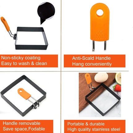 Egg Packaging - Pack of 4 - Egg Packaging - Square Egg Packaging - Non-stick Stainless Steel Square Shape - Square Omelette Mold - With Silicone Insulated Handle - 10x8cm.
