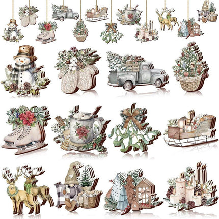 Christmas tree decorations (12 pieces) - Indoor Christmas decorations - Wooden Christmas tree decorations - Snowman - Sleigh - Reindeer set - Christmas decorations - Christmas decorations - Style A.