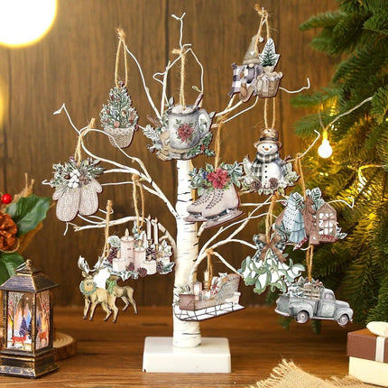 Christmas tree decorations (12 pieces) - Indoor Christmas decorations - Wooden Christmas tree decorations - Snowman - Sleigh - Reindeer set - Christmas decorations - Christmas decorations - Style A.
