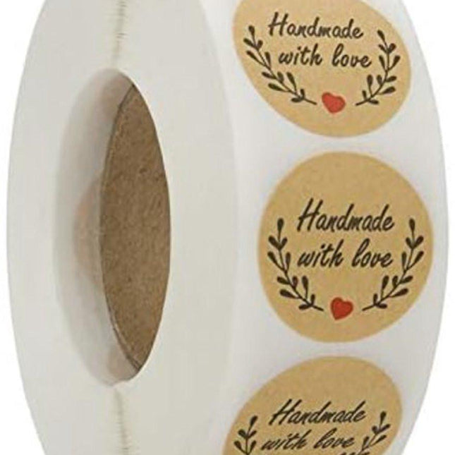 Sticker Labels - 500 sheets/roll - Round handmade heart-shaped kraft paper labels - Self-adhesive baking labels - Decorative labels - Sealing stickers - Gift stickers.
