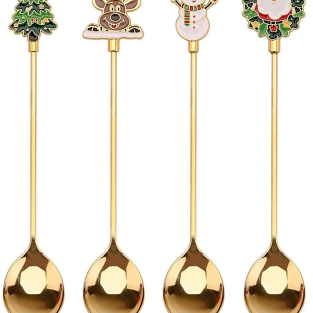 Teaspoons - 4 spoons - Christmas tableware - Silver dessert spoons - Decorated with Christmas trees, reindeer, snowmen and Santa Claus - Suitable for desserts, tea and soup.
