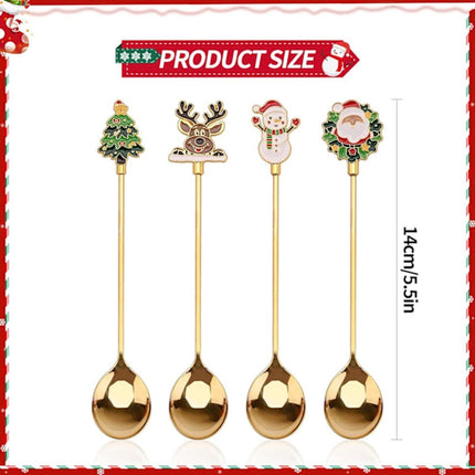 Teaspoons - 4 spoons - Christmas tableware - Silver dessert spoons - Decorated with Christmas trees, reindeer, snowmen and Santa Claus - Suitable for desserts, tea and soup.