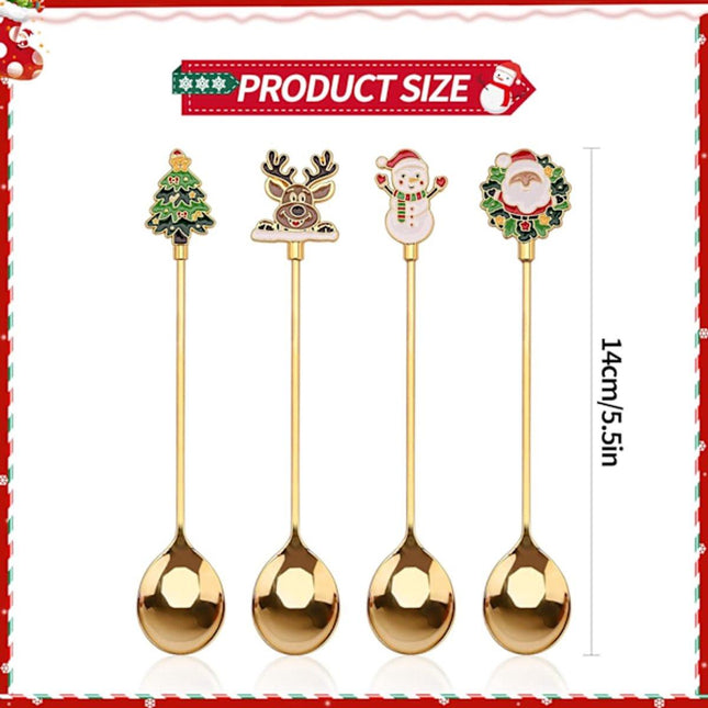 Teaspoons - 4 spoons - Christmas tableware - Silver dessert spoons - Decorated with Christmas trees, reindeer, snowmen and Santa Claus - Suitable for desserts, tea and soup.