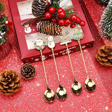 Teaspoons - 4 spoons - Christmas tableware - Silver dessert spoons - Decorated with Christmas trees, reindeer, snowmen and Santa Claus - Suitable for desserts, tea and soup.