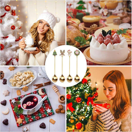 Teaspoons - 4 spoons - Christmas tableware - Silver dessert spoons - Decorated with Christmas trees, reindeer, snowmen and Santa Claus - Suitable for desserts, tea and soup.