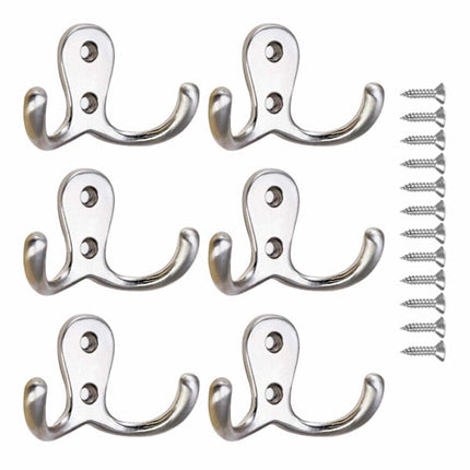 Double Hook - Chrome Double Coated Hook - Clothes - Bathrobe - Towel - Bathroom Bedroom Door Wall 6 Pieces.
