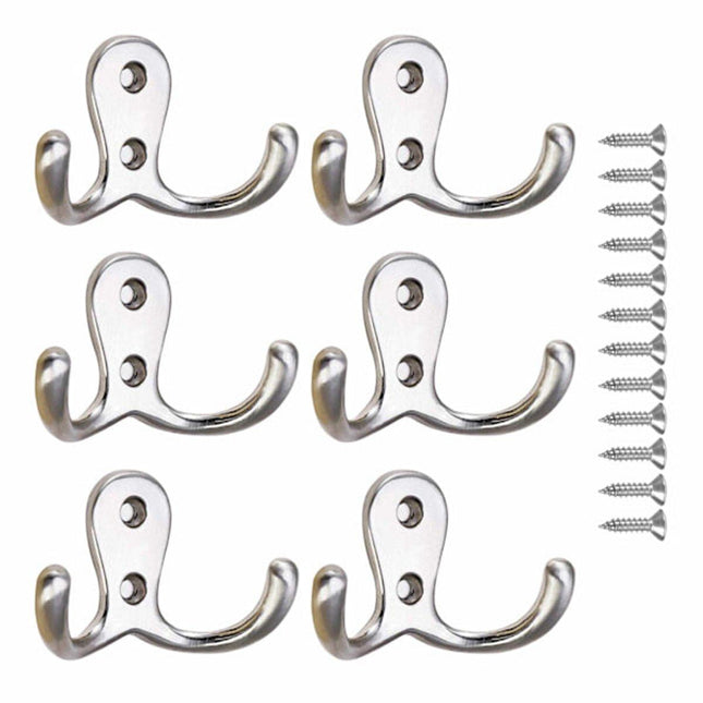 Double Hook - Chrome Double Coated Hook - Clothes - Bathrobe - Towel - Bathroom Bedroom Door Wall 6 Pieces.