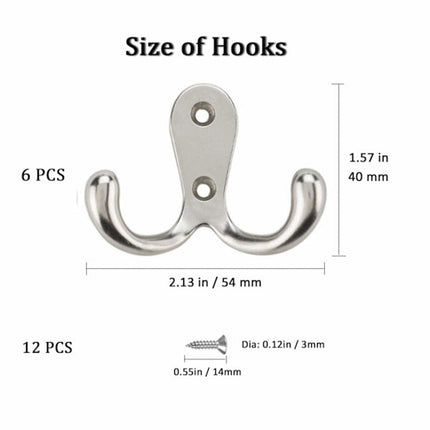 Double Hook - Chrome Double Coated Hook - Clothes - Bathrobe - Towel - Bathroom Bedroom Door Wall 6 Pieces.