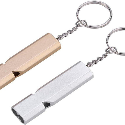 Whistles - Emergency Survival Whistles - Set of 2 - Extra Loud Aluminum Whistles for Outdoor Use - Slim Double-Barrel Rescue Whistles - Suitable for Swim Training, Camping, Hiking, Hunting, Boating and Other Activities (Gold + Silver).
