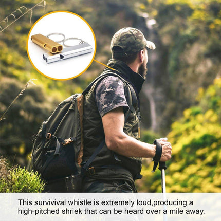Whistles - Emergency Survival Whistles - Set of 2 - Extra Loud Aluminum Whistles for Outdoor Use - Slim Double-Barrel Rescue Whistles - Suitable for Swim Training, Camping, Hiking, Hunting, Boating and Other Activities (Gold + Silver).