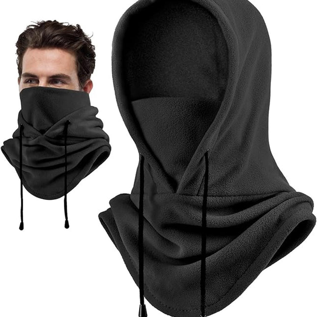 Hooded Scarf - Drawstring Scarf - Windproof Face Mask - Warm Face Mask - Scarf - Black - Motorcycle Neck Warmer - Suitable for winter activities such as skiing, running, cycling, motorcycling, picnicking and mountaineering..