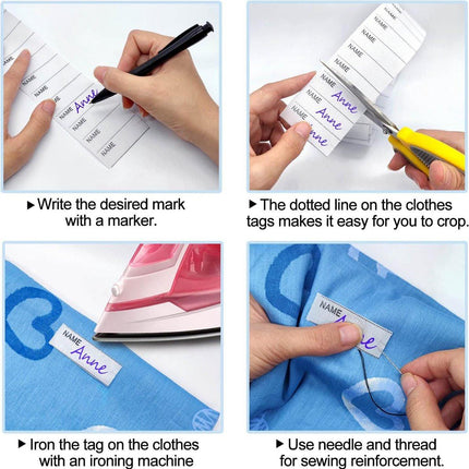 200 pcs iron-on name labels with pen - washable labels - woven labels for clothing, school uniforms, bags, towels, hats, gloves, scarves.