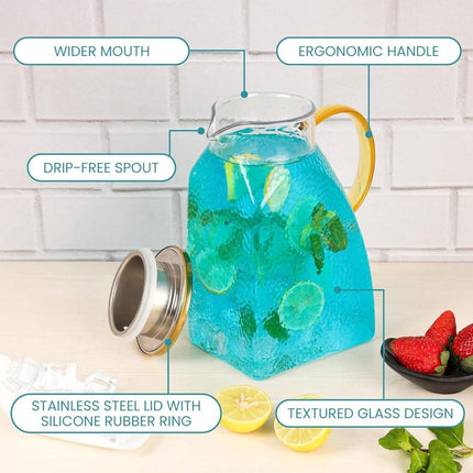 Water Juice - Fridge Door Juice - 1.8L Glass Juice - with Stainless Steel Lid - Juice Juice - For Hot and Cold Drinks - For Homemade Drinks - Juice - Ice - Tea - Coffee - Milk - Wine and Beverages.