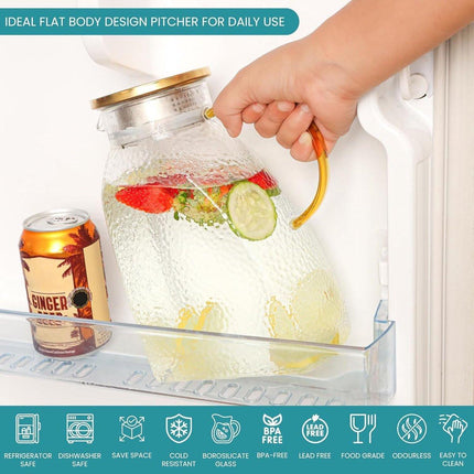 Water Juice - Fridge Door Juice - 1.8L Glass Juice - with Stainless Steel Lid - Juice Juice - For Hot and Cold Drinks - For Homemade Drinks - Juice - Ice - Tea - Coffee - Milk - Wine and Beverages.