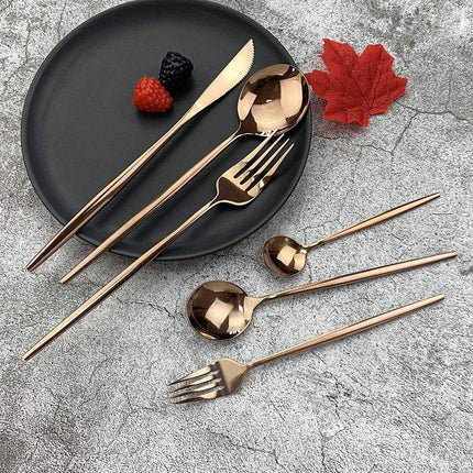 Cutlery Set - Mirror-polished copper cutlery set (for 6 persons) - Shiny stainless steel cutlery set (36-piece) - Dinner knife, fork, spoon, dessert fork, salad spoon - Dishwasher safe.