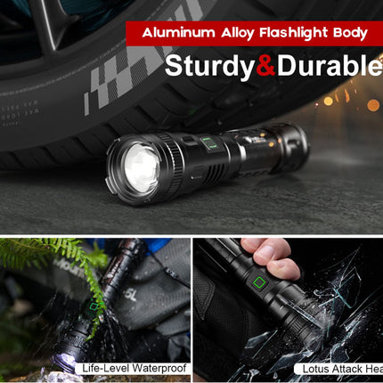LED Flashlight - With Zoom Function & Waterproof - LED Flashlight - With Zoom Function & Waterproof - Battery-Powered Flashlight - USB Rechargeable - Long Battery Life - 3 Light Modes (Strong / Low / Flash)USB Rechargeable - Long Battery Life - 3 Light Mo.