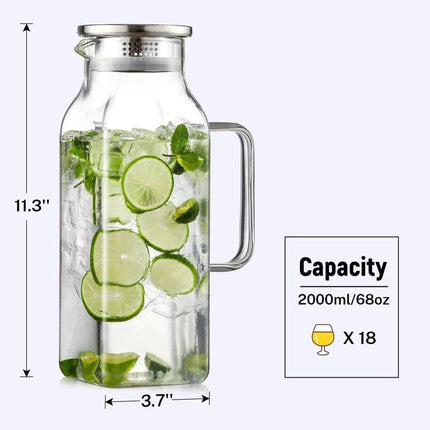Square glass water jug - with lid and handle - refrigerator safe - suitable for hot and cold drinks - large capacity for home and restaurant use - suitable for coffee, juice, milk and other drinks..