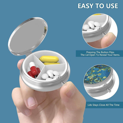 Pill Box - Three-Compartment Pill Box - Portable Pill Box - Fits in Pocket or Purse - Decorative Metal Medicine and Vitamin Storage Box - Unique Gift (Blue Quicksand).
